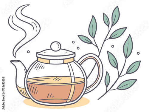 Herbal tea in glass pot with steaming liquid and green leaves surrounding. Herbal tea preparation includes aromatic plant leaves creating a soothing environment.