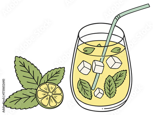 Refreshing lemonade with mint and ice cubes in glass on transparent background. Lemonade features fresh lemon slices and mint leaves for vibrant flavor.