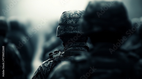 A group of soldiers walks with determination in a foggy setting. Their faces are obscured, symbolizing the emotional weight of their journey. The atmosphere is heavy with uncertainty.