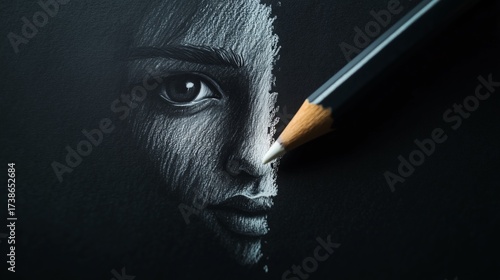 A black ink drawing depicts an adult figure seen from the back with a child's reflective image in front. Both figures resemble kodamas under the glow of a bright light.