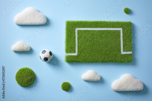 Playful Miniature Soccer Field, Ball, and Fluffy Clouds on Blue Sky.