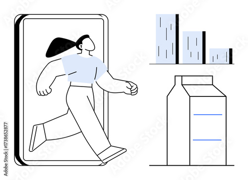 Woman stepping out of smartphone symbolizing transition or evolution, blue bar chart indicating data analysis, and box element denoting packaging or product. Ideal for technology, growth, innovation