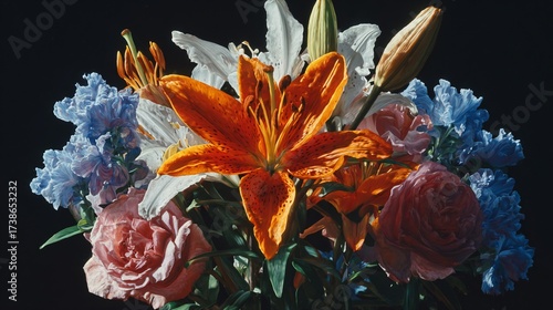 Vibrant floral arrangement against a stark black background. Orange, white, blue, and pink blossoms