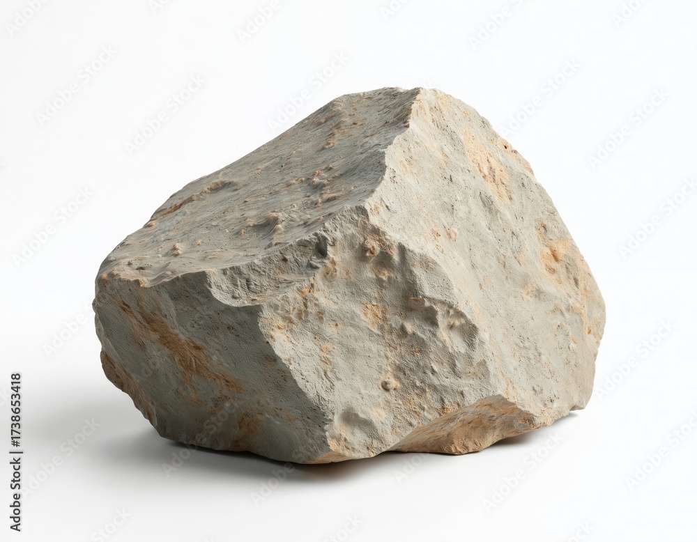 Obraz premium Stone rock isolated on white backdrop. Rough textured material is perfect for design projects. Mineral sample shows natural formations. Concept of geology and earth science.