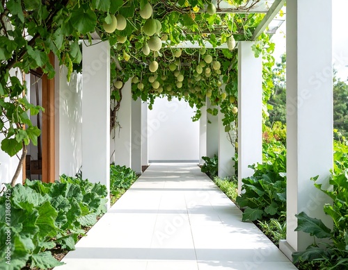 White walkway with archway of green vines and hanging fruit