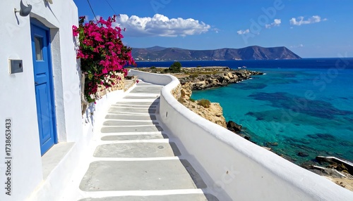 White walkway, blue door, turquoise water
