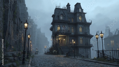 Victorian mansion at night, eerie street, mysterious buildings background, for horror stories