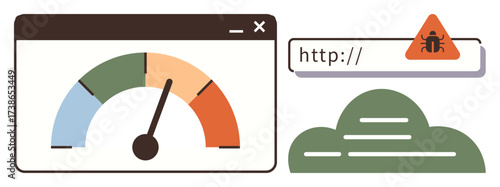 Performance gauge in browser window, malware warning triangle on URL bar, cloud storage graphic. Ideal for website security, cyber threat, internet health, malware defense, data storage