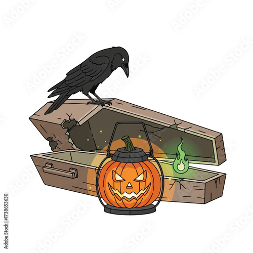 A crow perched on a cracked coffin with a jackolantern lamp casting a spooky glow