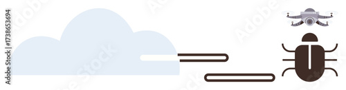 Large cloud with a beetle and radar-thumbs up lines representing software bugs, troubleshooting, and protection. Ideal for technology, IT, cybersecurity, cloud management, coding, debugging QA