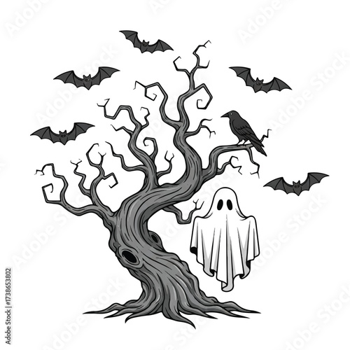 A spooky tree scene with bats a crow and a ghost