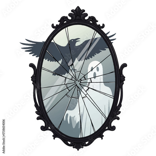Oval mirror with ghost  raven reflection cracked glass