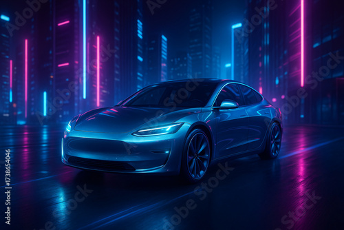 Sleek electric car glowing in futuristic city lights, embodying modern innovation
