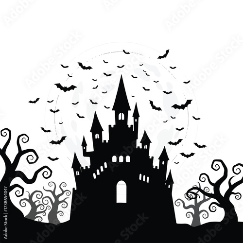 Silhouette of a castle beneath bats flying across the face of a full moon