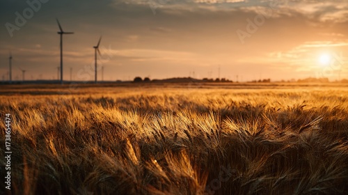 Wallpaper Mural Wheat field at sunset with wind turbines in the background, energy production, nature, sustainability Torontodigital.ca
