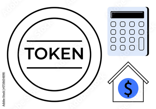 Circular digital token, calculator for financial computations, and house with dollar sign highlight tokenized assets. Ideal for fintech, blockchain, real estate, investment, economy, savings modern