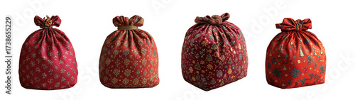 Four decorative fabric gift bags with drawstring closure, isolated on transparent background