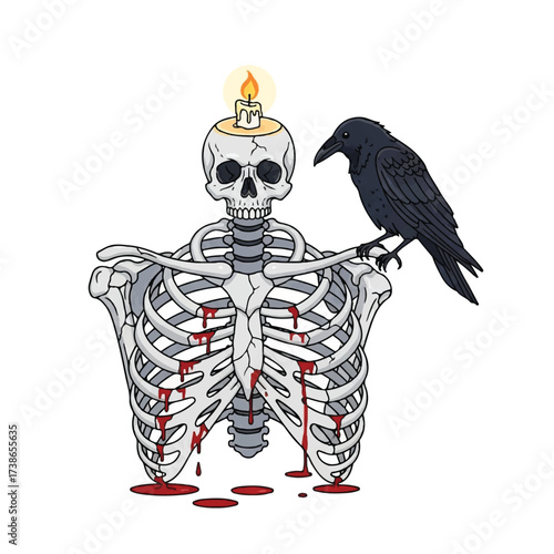 A bloody skeleton with a lit candle on its head upon which a raven perches