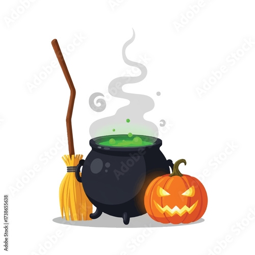 A broom bubbling cauldron and jackolantern
