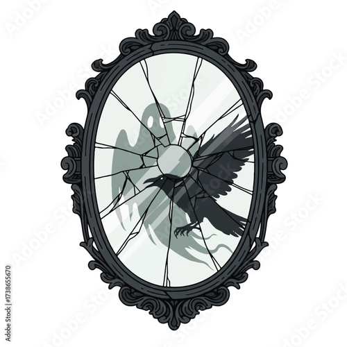 A cracked oval mirror reflects a ghost and a raven
