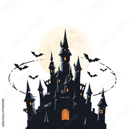 A dark silhouette castle stands before a full moon with bats flying around
