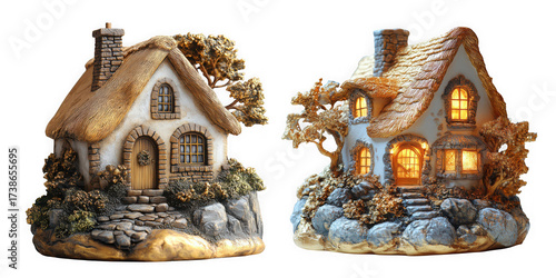 Two charming fairy tale cottages with thatched roofs and glowing windows isolated on transparent background