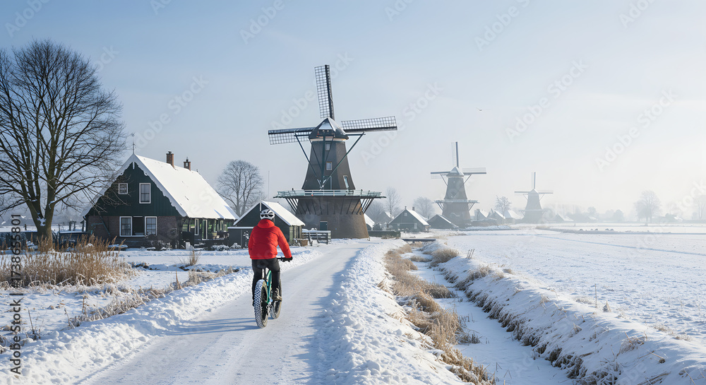 Fototapeta premium A sustainable winter cycling tour through a Dutch snow-covered countryside