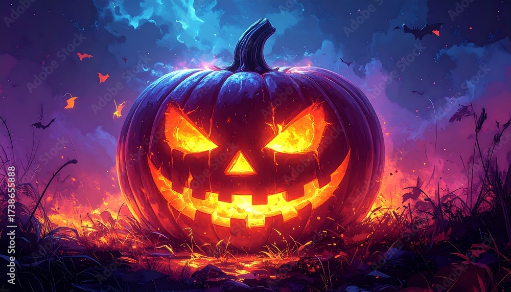 Fototapeta premium Glowing jack-o'-lantern at night