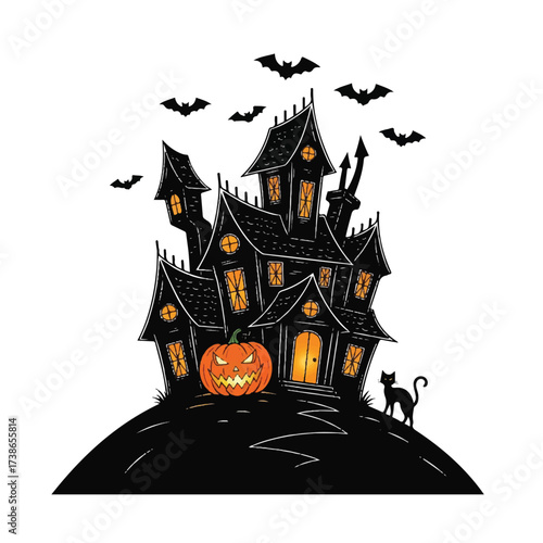 A haunted house illustration with a pumpkin black cat and bats set against a white background
