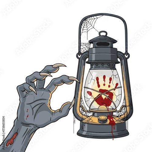 A monsters hand reaches for a lantern with a bloody handprint inside