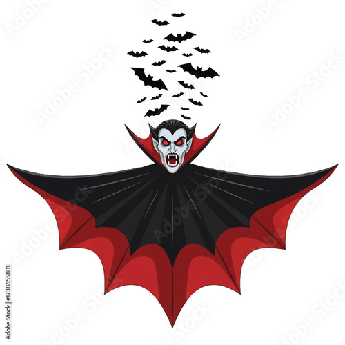 A redeyed vampire with fangs is depicted with bats above his head and a red and black cloak