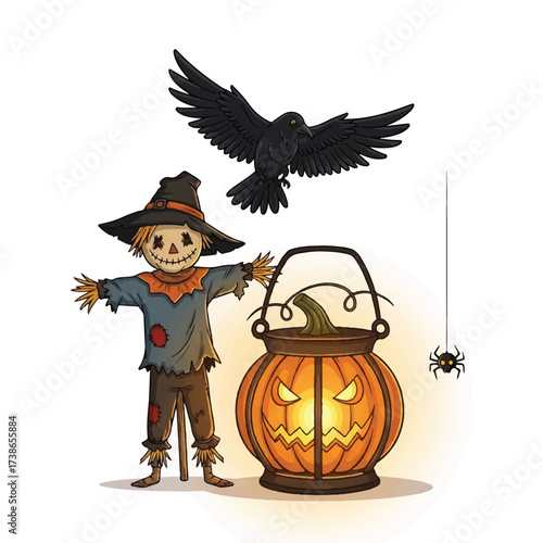 A scarecrow illuminated jackolantern crow and spider decorate a spooky Halloween scene