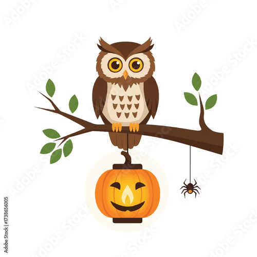 An owl sits on a branch above a hanging pumpkin lantern A spider dangles nearby