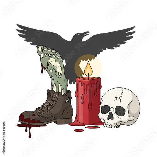 An eerie scene with a zombie foot in a boot a skull candle and a crow silhouette