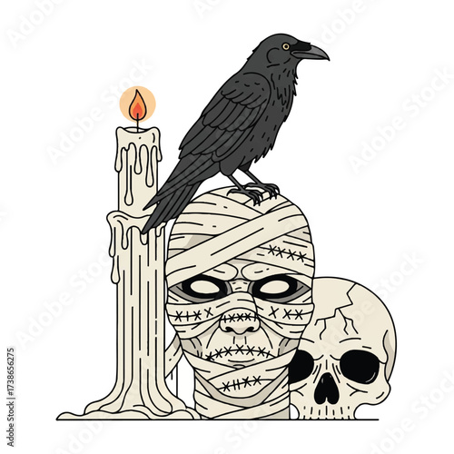 Raven atop mummy head with candle and skull