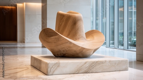 Wooden cowboy hat sculpture display in modern marble floored building lobby with background windows