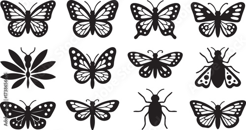 Butterflies and Insects Silhouettes Collection of Diverse Bug Icons