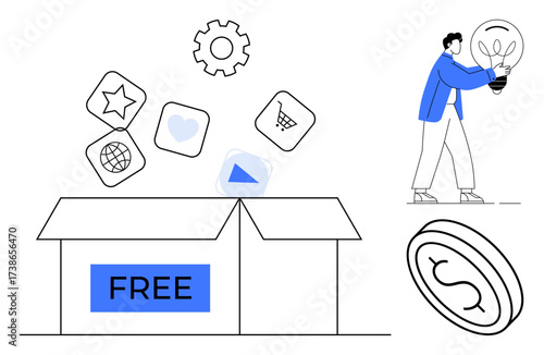 Open box labeled FREE releasing app icons thumbs up star, heart, globe, shopping cart. Figure holding light bulb, large dollar coin. Ideal for innovation, creativity, apps savings technology