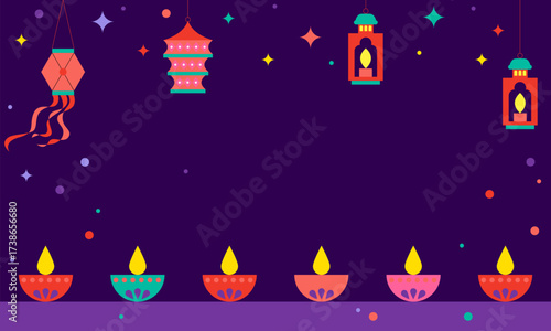 Diwali Festival of Lights abstract social media web banner advertisement. Diwali Hindu festival cute background with traditional lanterns
