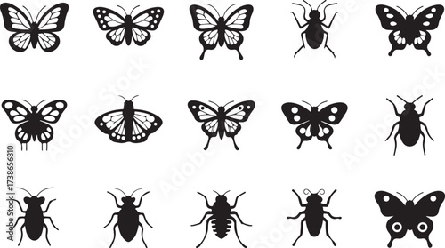 Butterflies and Insects Silhouettes Collection of Diverse Bug Icons