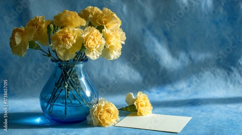Yellow carnations in blue vase with blank card on blue textured background. Suitable for gifting