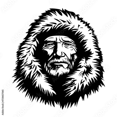 Arctic explorer portrait silhouette vector – rugged bearded man in fur parka hood, vintage polar expedition character