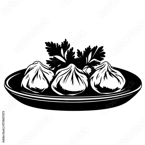 Steamed dumplings silhouette vector – three khinkali on plate with cilantro garnish, traditional Asian or Georgian food icon