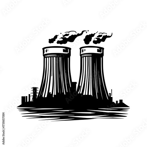 Nuclear power plant silhouette vector – twin cooling towers emitting steam over industrial landscape