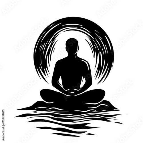 Meditation yogi silhouette vector – figure in lotus pose on water with zen enso halo, mindfulness wellness icon