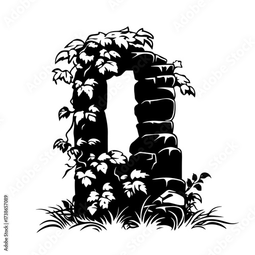 Ivy-covered stone arch silhouette vector – ancient medieval ruin gateway wrapped in climbing vines