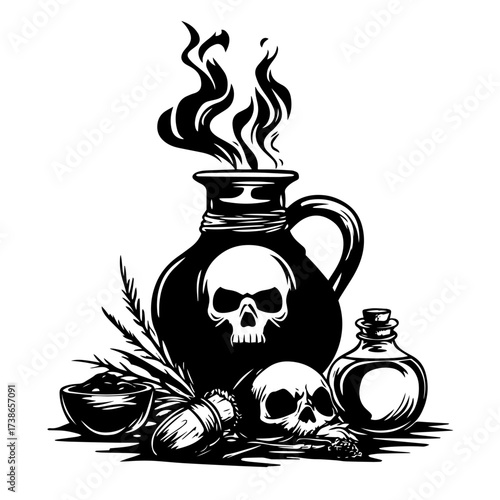 Witch potion set silhouette vector – smoking cauldron jug with skulls, herbs and mystical ingredients