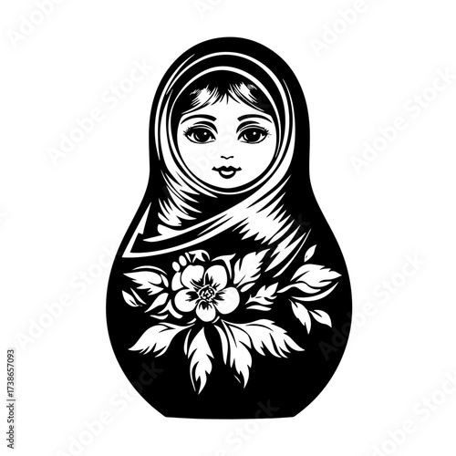 Matryoshka doll silhouette vector – traditional Russian nesting toy with floral folk painting