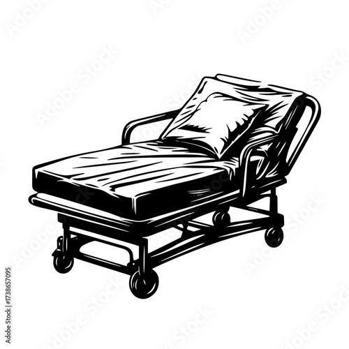 Hospital bed silhouette vector – adjustable wheeled gurney with mattress and pillow, medical equipment icon