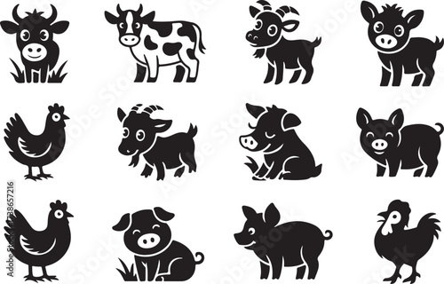 Farm Animals Silhouettes Collection Cow, Goat, Pig, and Chicken